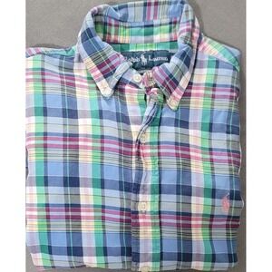 Ralph Lauren Men's Blue Pink Plaid Custom Fit Button Up Shirt Size Small